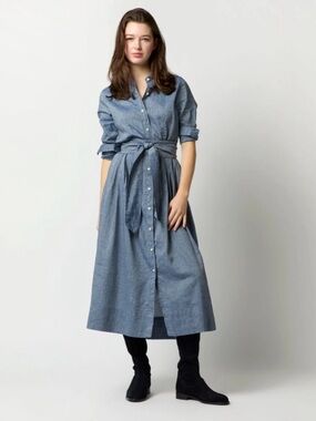 NEW Ann Mashburn chambray classic shirt waist dress tie waist cotton linen